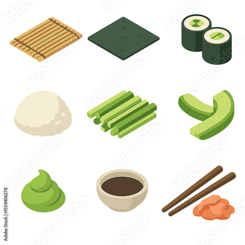 Cucumber Sushi Icon Set. Isometric Flat icon set of cucumber sushi rolls: bamboo sushi mat, nori sheet, sushi rice mound, julienne