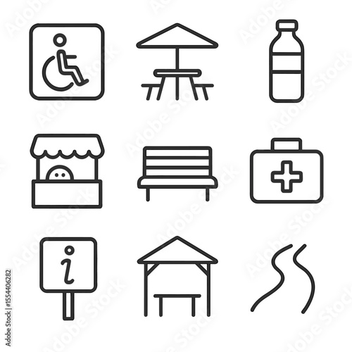 Senior-Friendly Roadside Icons. Outline icon set of senior-friendly roadside amenities: wheelchair accessible restroom, shaded