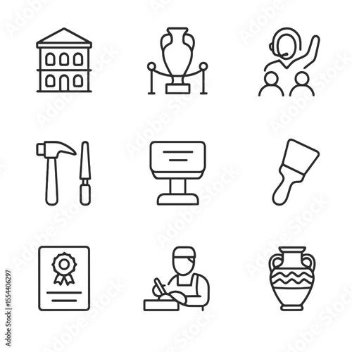 Cultural Heritage Icons. Outline icon set of cultural heritage preservation: historic building, museum exhibit, guided tour,