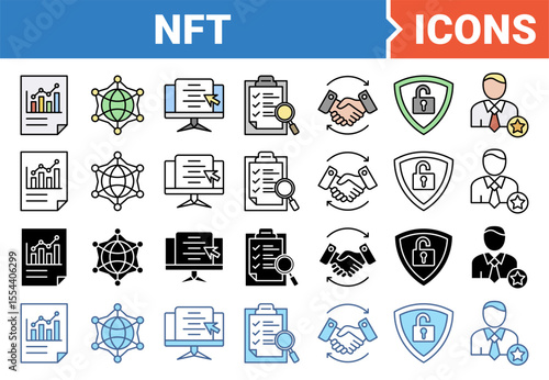 NFT concept of non-fungible token icon set with multiple style collection.