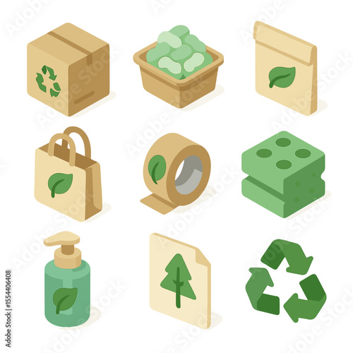 Sustainable Packaging Icons. Isometric Flat icon set of sustainable packaging: recycled cardboard box, biodegradable packing