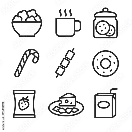 Sleepover Snacks Icons. Outline icon set of sleepover snacks and drinks: popcorn bowl, cocoa mug, cookie jar, candy cane,
