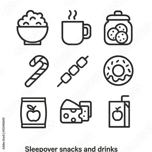 Sleepover Snacks Icons. Outline icon set of sleepover snacks and drinks: popcorn bowl, cocoa mug, cookie jar, candy cane,