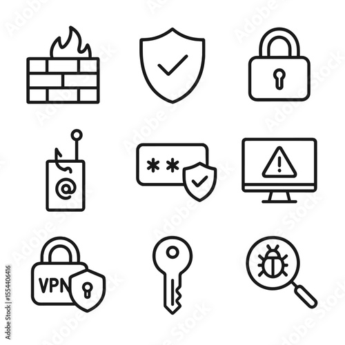 Cybersecurity Icon Set. Outline icon set of cybersecurity solutions: firewall, antivirus shield, padlock, phishing bait,