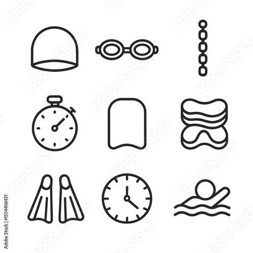 Swimming Icon Set. Outline icon set of swimming endurance: swim cap, goggles, lane line, stopwatch, kickboard, pull buoy, swim