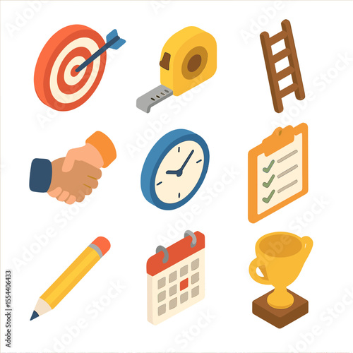 SMART Goals Icon Set. Isometric Flat icon set of SMART goals: specific target, measuring tape, ladder, handshake, clock, checklist