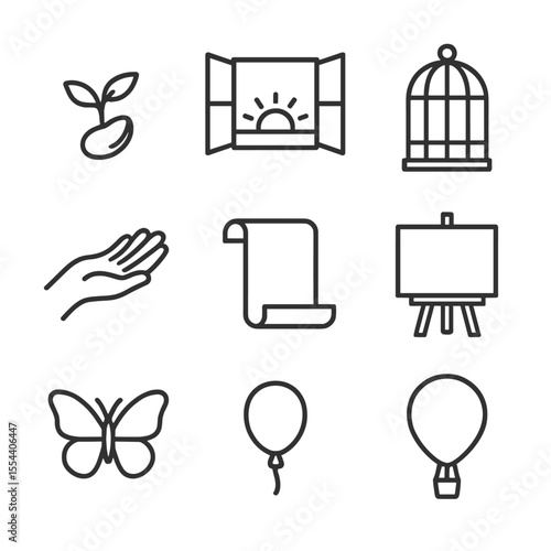 Symbols of Transformation. Outline icon set of Yearning for Change: budding seed, open window, sunrise over horizon, empty