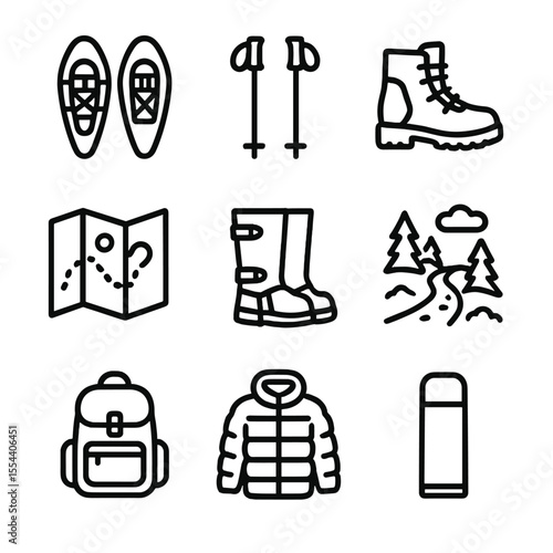 Snowshoeing Gear Icons. Outline icon set of Snowshoeing: snowshoes, trekking poles, winter boots, trail map, gaiters, snow-covered