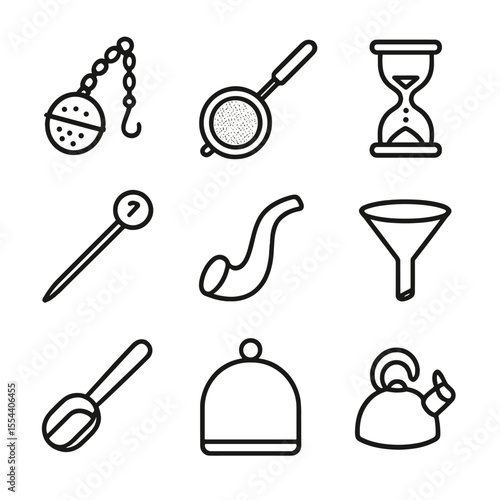 Tea Brewing Icons. Outline icon set of tea brewing accessories: tea infuser ball, tea strainer, tea timer, tea thermometer, kettle