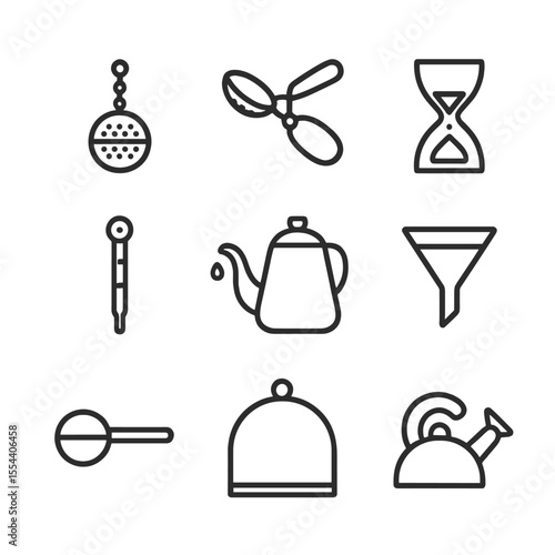 Tea Brewing Icons. Outline icon set of tea brewing accessories: tea infuser ball, tea strainer, tea timer, tea thermometer, kettle
