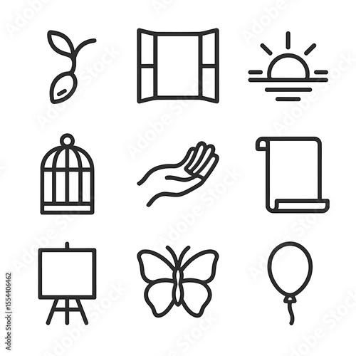Symbols of Transformation. Outline icon set of Yearning for Change: budding seed, open window, sunrise over horizon, empty