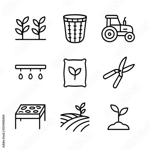 Tea Farming Icons. Outline icon set of tea plantation and farming: tea bush row, tea picker basket, farming tractor, irrigation