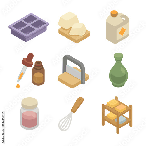 Soap Making Essentials. Isometric Flat icon set of homemade soap making: soap mold tray, shea butter block, lye container,