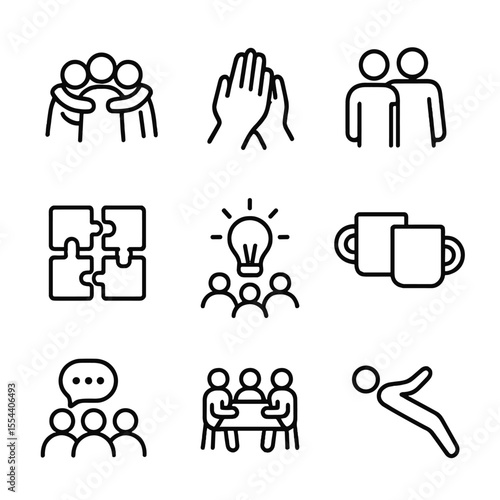 Teamwork Icons Set. Outline icon set of team-building and peer support: group huddle, high-five hands, supportive arm around