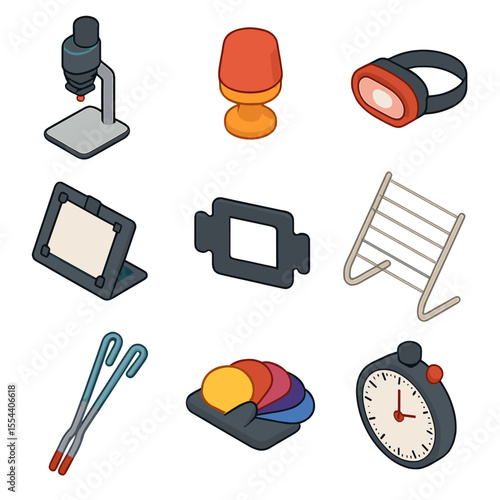 Darkroom Essentials Icons. Isometric Flat icon set of darkroom equipment essentials: enlarger, safelight lamp, red head lamp,