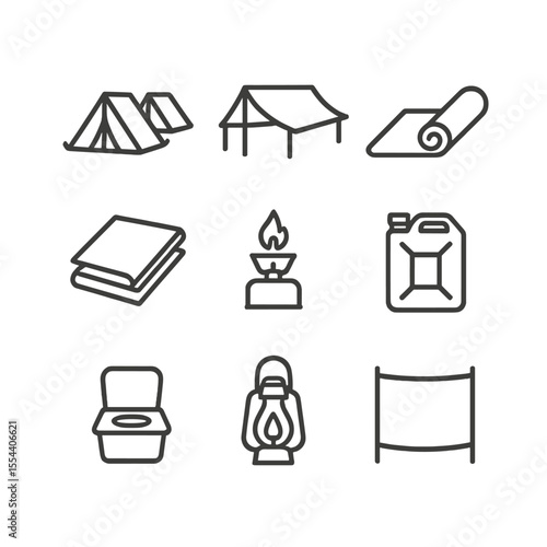 Temporary Shelter Icons. Outline icon set of temporary shelter setup: tent camp, makeshift shelter, sleeping mat, thermal blanket,