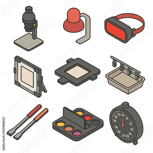 Darkroom Essentials Icons. Isometric Flat icon set of darkroom equipment essentials: enlarger, safelight lamp, red head lamp,
