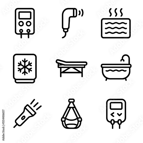 Therapy Icon Set. Outline icon set of therapy modalities: electrical stimulation unit, ultrasound therapy wand, heat pad, cold