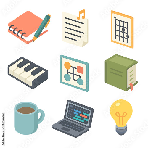 Therapeutic Songwriting Tools. Isometric Flat icon set of therapeutic songwriting tools: notebook with pen, lyric sheet, guitar