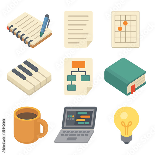 Therapeutic Songwriting Tools. Isometric Flat icon set of therapeutic songwriting tools: notebook with pen, lyric sheet, guitar