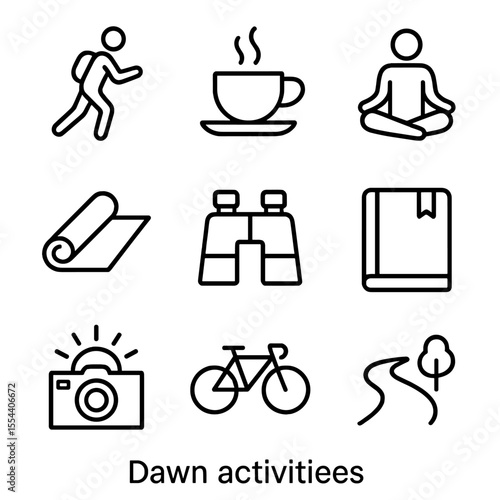 Dawn Activity Icons. Outline icon set of dawn activities: morning jog, coffee cup, meditation pose, yoga mat, birdwatching