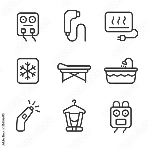 Therapy Icon Set. Outline icon set of therapy modalities: electrical stimulation unit, ultrasound therapy wand, heat pad, cold