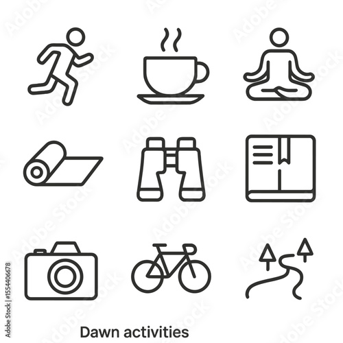 Dawn Activity Icons. Outline icon set of dawn activities: morning jog, coffee cup, meditation pose, yoga mat, birdwatching