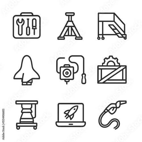 Space Shuttle Maintenance Icons. Outline icon set of space shuttle maintenance equipment: tool kit, hydraulic jack, maintenance