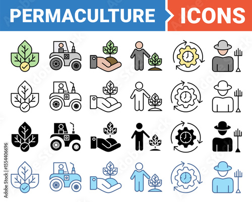Permaculture concept for land management and natural ecosystems icon set with multiple style collection.