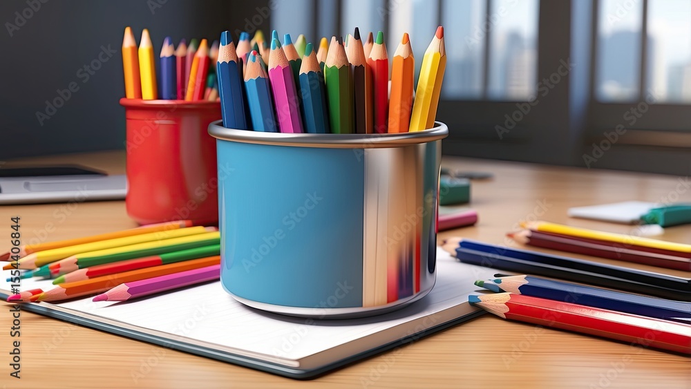 Fototapeta premium A metallic bucket filled with colorful pencils stands on a white desk