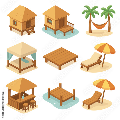 Tropical Island Icon Set. Isometric Flat icon set of island lodging: beachfront bungalow, overwater villa, hammock, beach cabana,