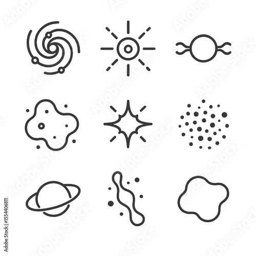 Deep Space Icons. Outline icon set of Deep Space Objects: galaxy, quasar, pulsar, nebula, supernova remnant, globular cluster,
