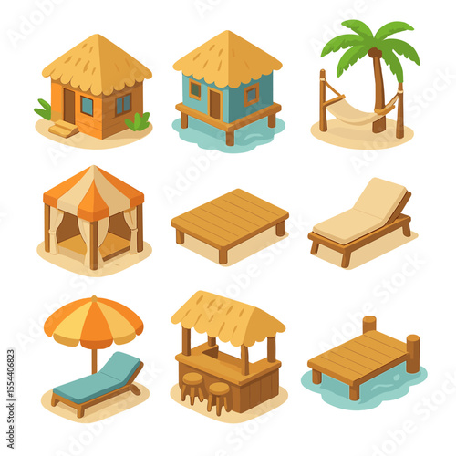 Tropical Island Icon Set. Isometric Flat icon set of island lodging: beachfront bungalow, overwater villa, hammock, beach cabana,