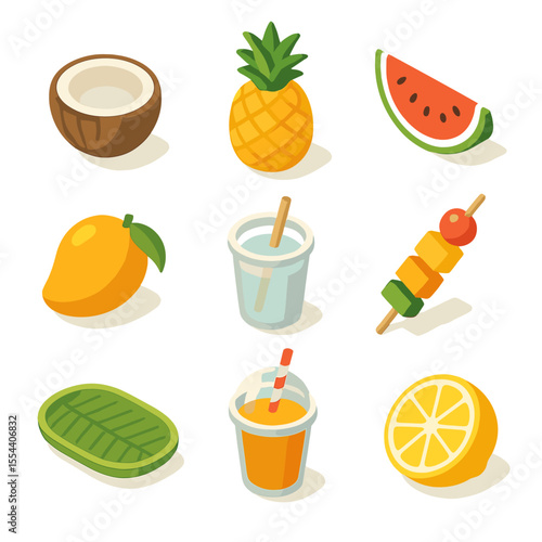 Tropical Fruit Icons. Isometric Flat icon set of tropical fruit and snack stand: coconut, pineapple, watermelon slice, mango,