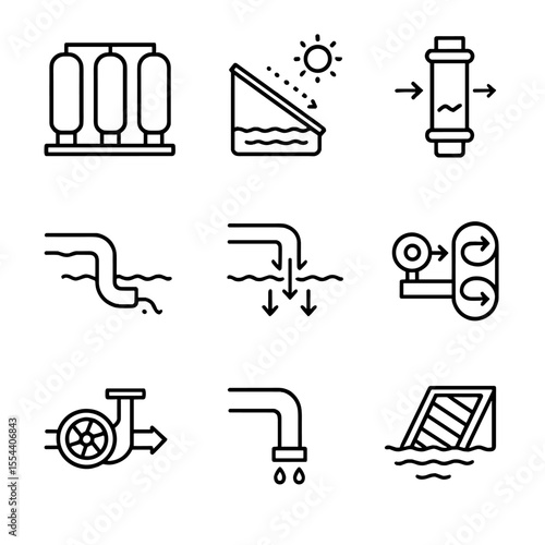 Desalination Icons Set. Outline icon set of desalination technologies: reverse osmosis plant, solar still, membrane filter, intake