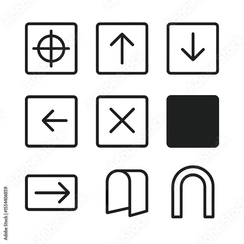 Stage Blocking Icons. Outline icon set of stage blocking elements: center stage, upstage, downstage, stage left, stage right,