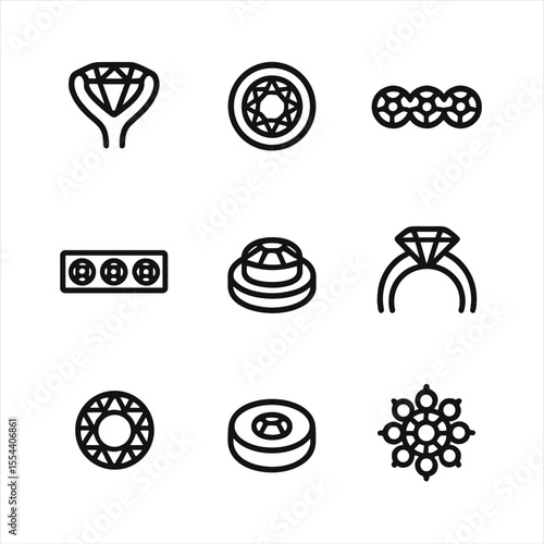 Stone Setting Icons. Outline icon set of stone setting techniques: prong setting, bezel setting, pave setting, channel setting,