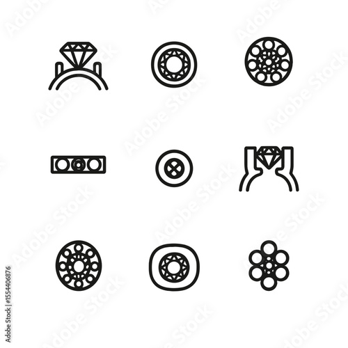 Stone Setting Icons. Outline icon set of stone setting techniques: prong setting, bezel setting, pave setting, channel setting,