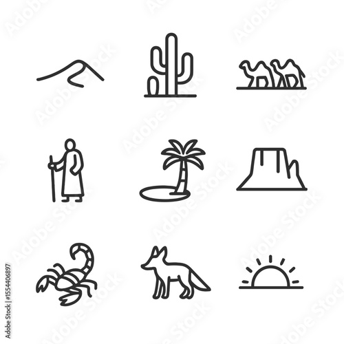 Desert Sunset Icon Set. Outline icon set of desert sunset silhouettes: sand dune ridge, cactus cluster, camel caravan, wanderer