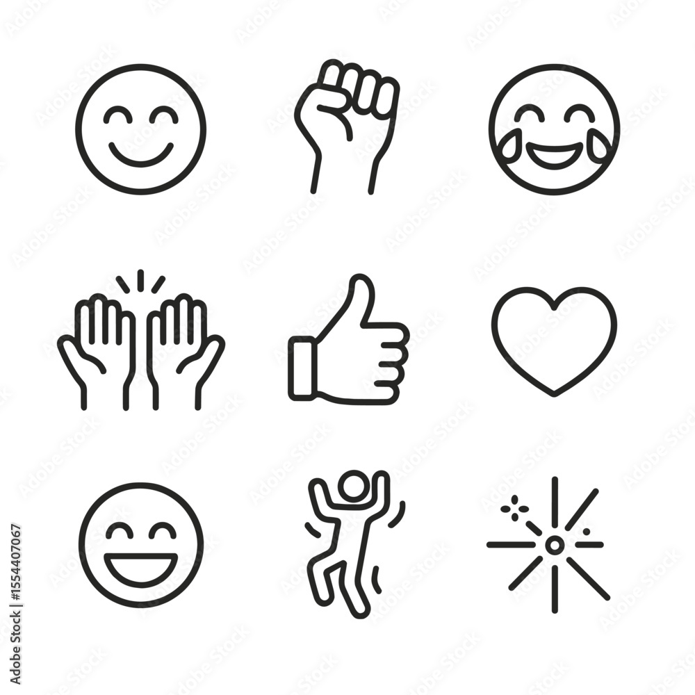 Fototapeta premium Victory Icons Set. Outline icon set of victory emotions: joyful face, triumphant fist pump, tears of joy, high five hands, thumbs