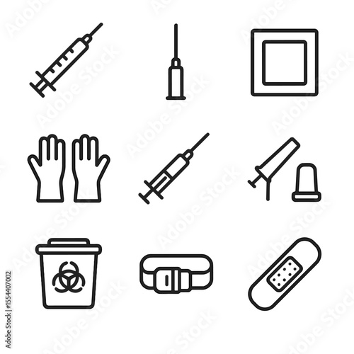 Vaccine Tools Icons. Outline icon set of Vaccine Administration Tools: sterile syringe, hypodermic needle, alcohol swab packet,