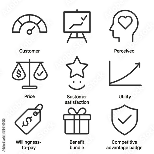 Value Pricing Icons. Outline icon set of Value-Based Pricing Model: customer value meter, value proposition board, perceived