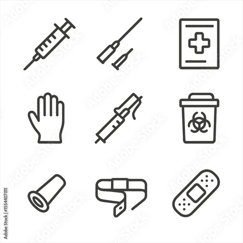 Vaccine Tools Icons. Outline icon set of Vaccine Administration Tools: sterile syringe, hypodermic needle, alcohol swab packet,