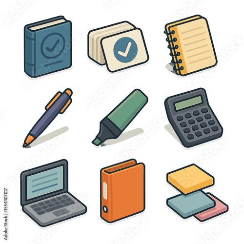 Study Materials Icons. Isometric Flat icon set of standardized test study materials: textbook, flashcards, notebook, pen,