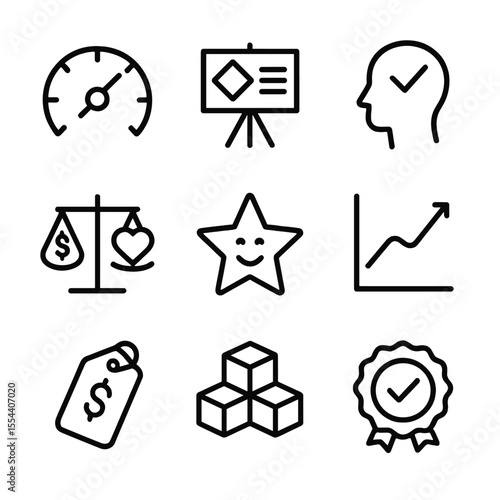 Value Pricing Icons. Outline icon set of Value-Based Pricing Model: customer value meter, value proposition board, perceived
