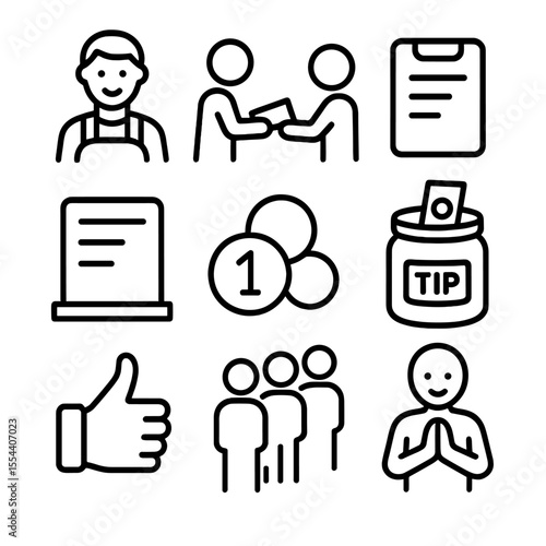Vendor-Customer Icon Set. Outline icon set of vendor and customer interaction: smiling vendor, customer handing cash, order
