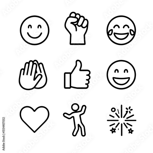 Victory Icons Set. Outline icon set of victory emotions: joyful face, triumphant fist pump, tears of joy, high five hands, thumbs