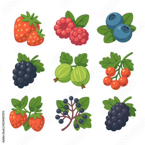 Summer Berry Icons. Isometric Flat icon set of summer berry harvest: strawberries, raspberries, blueberries, blackberries,