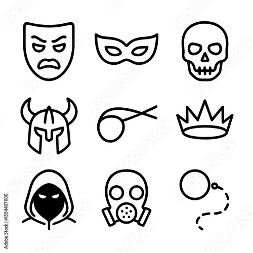 Villain Mask Icon Set. Outline icon set of Villain Masks and Headgear: theatrical mask, masquerade mask, skull mask, horned helmet