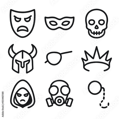 Villain Mask Icon Set. Outline icon set of Villain Masks and Headgear: theatrical mask, masquerade mask, skull mask, horned helmet